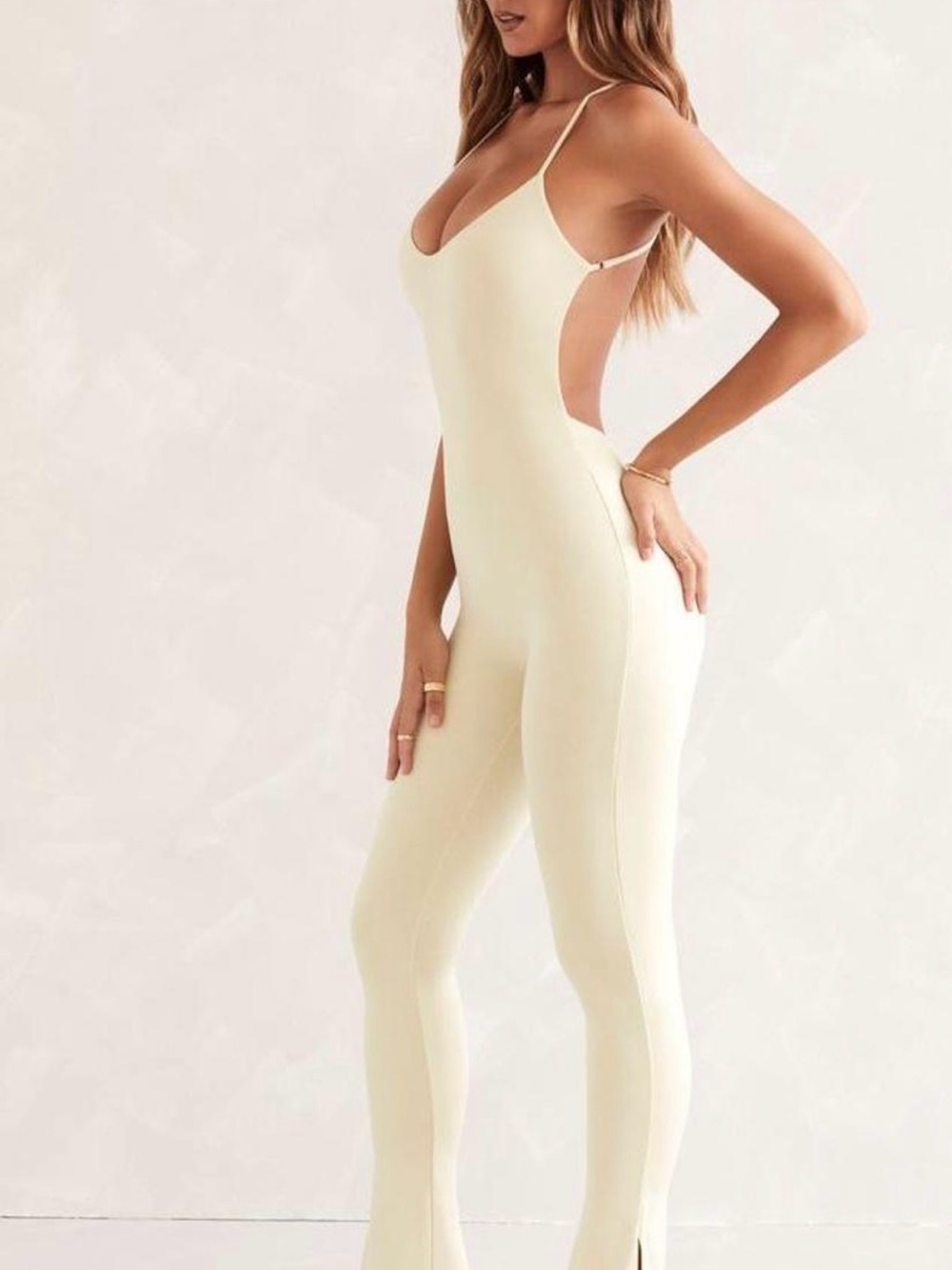 Oh Polly Cream Spaghetti-Strap Cutout Jumpsuit